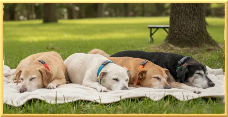 A row of senior dogs sleeping