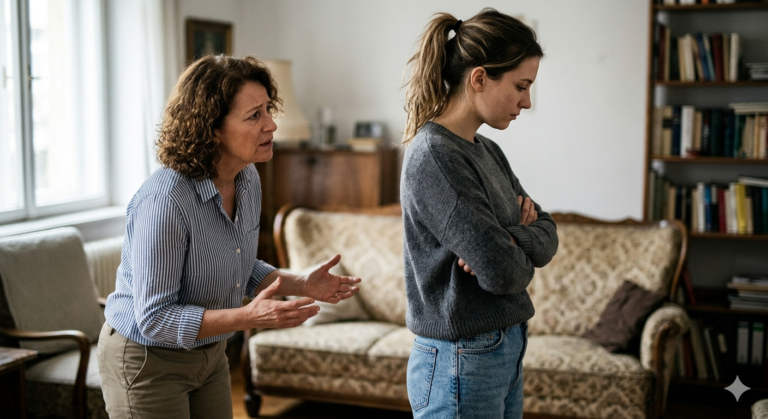 Adult child with her back to her mother